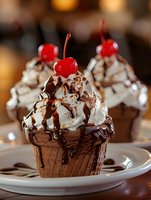 Decadent chocolate cupcakes topped with whipped cream, chocolate drizzle and bright red maraschino cherries on white plates in warm cafe setting.