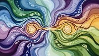 Vibrant swirling rainbow waves with spirals and bubbles creating dynamic flowing abstract pattern on white background for creative design projects.