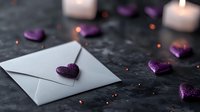 Romantic white envelope with sparkly purple heart decoration on dark background with glowing candles and scattered hearts. Perfect for Valentine's day designs.