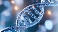 Glowing DNA molecule strand with water droplets on blue background, genetic research concept showing double helix structure in macro view with bokeh lights.