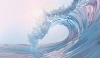 Powerful ocean wave in soft pastel colors, turquoise and pink, breaking with dynamic motion and spray against dreamy sky background.