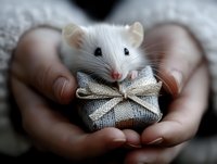 Adorable white pet mouse with pink nose sitting on decorative silver cushion with bow, held gently in cupped hands. Macro photography with soft focus background.