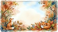 Watercolor autumn forest frame with sleeping fox and sitting fox among colorful fall foliage, leaves and branches creating decorative border for seasonal designs.