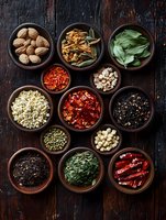 Variety of spices, herbs, nuts and dried vegetables in wooden bowls on dark rustic background. Colorful cooking ingredients for Asian cuisine.