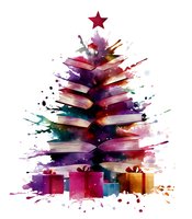 Creative watercolor Christmas tree made of stacked books with presents underneath and red star on top, featuring vibrant splashes of purple, pink and teal colors.