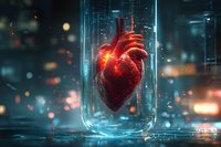 Glowing anatomical heart in glass container against futuristic digital background with bokeh lights and technological elements.