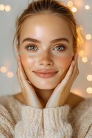 Young woman with freckles and bright blue eyes smiling while holding face in hands against blurred bokeh lights background, wearing cozy knit sweater.