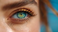 Close-up of striking blue-green eye with golden eyeshadow and long eyelashes against blurred blue background, showcasing natural beauty in macro photography.
