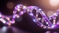 Glowing purple DNA strand with sparkling particles on dark background, double helix structure illuminated with bokeh lights creating scientific atmosphere.