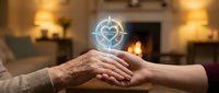 Elderly and young hands touching with glowing compass heart symbol above, representing intergenerational love, guidance and family connection in warm home.