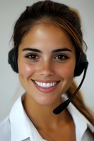 Young Hispanic female customer service representative wearing headset and white collar shirt smiles warmly at camera, showcasing natural freckles and professional appearance.