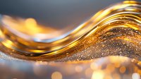 Luxurious golden wave with glittering particles flowing in smooth motion against dark background, creating elegant abstract design with bokeh light effects.