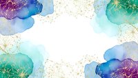 Watercolor abstract background with gold foil elements and organic shapes in blue, purple, and teal tones creating elegant frame border for luxury design projects.