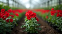 Red geranium flowers blooming in commercial greenhouse nursery with rows of potted plants for gardening and landscaping projects.