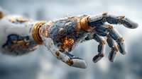 Futuristic robotic arm with mechanical joints and weathered metal surface reaching forward against blurred background for technology concepts.