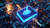 Glowing blue cloud computing chip on circuit board with orange light effects. Digital technology concept showing data transfer to cloud storage platform.