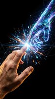 Human hand touching digital energy burst with glowing blue and purple light effects creating futuristic technology concept on black background.