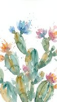 Watercolor cactus with colorful blooms in pink, blue and orange tones. Artistic botanical illustration with paint splatters on white background.