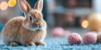 Adorable ginger dwarf rabbit lying on blue carpet with pink Christmas ornaments and festive bokeh lights in background, creating cozy holiday atmosphere.