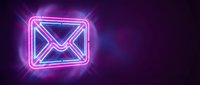 Glowing neon email envelope icon with bright pink and blue lights on dark background for digital communication and marketing design concepts.