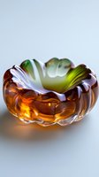 Translucent glass bowl with organic wavy rim featuring amber base transitioning to green and purple tones, isolated on white background for design and decorative projects.
