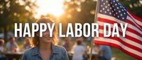 Happy Labor Day celebration with American flag and diverse group of people enjoying outdoor community gathering during golden hour sunset.