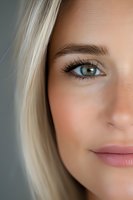 Close-up portrait showing half face of young blonde woman with green eyes, natural makeup, long eyelashes and soft pink lips against blurred background.