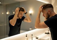 Young Caucasian man styling hair with comb in modern bathroom mirror reflection. Male grooming routine morning preparation personal care hygiene.