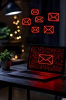 Laptop screen displaying red glowing mail icons with multiple floating envelope symbols above, dark workspace with bokeh lights and plant, cybersecurity concept.
