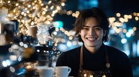 Young Asian male barista smiling behind coffee bar counter with festive bokeh lights creating warm atmosphere. Professional service industry portrait.