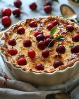 Fresh baked cherry pie with golden brown crust in white ceramic dish, decorated with whole cherries and green leaves, rustic food photography setting.
