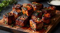 Glazed pork belly bites with herbs on wooden board. Caramelized cubes with glossy sauce garnished with fresh green herbs for gourmet dining and culinary presentations.