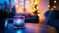 Glowing decorative candle holder with intricate pattern casting colorful reflections against blurred bokeh lights and Christmas tree background creates cozy evening ambiance.