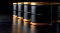 Black oil barrels with golden bands arranged in row on dark surface with dramatic lighting for industrial energy concepts.