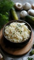 Fresh shredded sauerkraut garnished with dill in rustic ceramic bowl on wooden board, with cucumbers and mushrooms in background. Food photography.