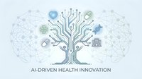 AI-driven health innovation concept with digital brain networks and medical technology tree symbolizing healthcare advancement and smart medicine solutions.
