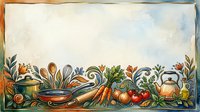 Watercolor kitchen border frame with cooking utensils, vegetables, and floral ornaments, featuring a blank center space for text or recipe design.