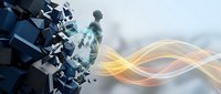 Digital transformation concept with fragmented human figure dissolving into flowing energy waves representing innovation and technological evolution.