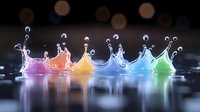 Colorful water droplets creating crown-shaped splashes in rainbow spectrum with bokeh lights background for creative design projects.