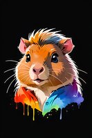 Cute hamster portrait with rainbow dripping paint effect on black background. Colorful artistic pet character design with expressive face and detailed fur texture.