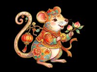 Festive rat in traditional Asian attire holding a lantern and peach, isolated on transparent background. Great for lunar new year clipart, t-shirt design, stickers, print on demand.