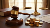 Wooden gavel with brass scales of justice and golden coins on legal documents in warm sunlight for law firm financial litigation concepts.