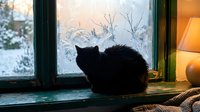 Black cat sitting on windowsill looking outside at frost-covered winter window pane, cozy indoor scene with warm lamp light and snowy garden view.