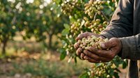 Farmer's hands holding freshly harvested hops in an agricultural field during harvest season for brewing and beer production.