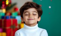 Young boy with closed eyes smiling peacefully in white turtleneck sweater against green background with colorful Christmas gifts and holiday lights.