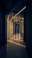 Modern architectural corridor with glowing LED light strips creating dramatic perspective and depth in contemporary interior design space.