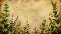 Vintage botanical border with lavender and wild herbs on aged parchment background. Garden plants frame with grunge texture and natural elements.