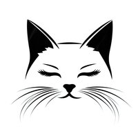 Minimalist black and white cat face with closed eyes and whiskers on white background. Cute feline portrait for pet logos and design projects.