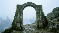 Ancient stone archway ruins covered in moss overlooking misty cityscape with modern skyscrapers in distance creating atmospheric contrast between past and present.
