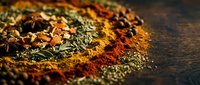 Colorful aromatic spices and herbs scattered on rustic wooden surface creating vibrant culinary display for cooking and seasoning applications.